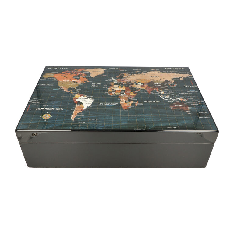 Humidor na doutníky World Map, glossy black, 40x27x11cm