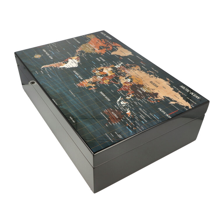 Humidor na doutníky World Map, glossy black, 40x27x11cm