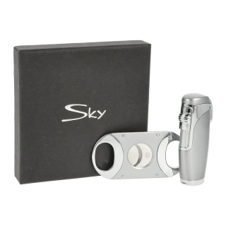 SKY sada pro kuřáky doutníků, zapalovač + ořezávač, stříbrná